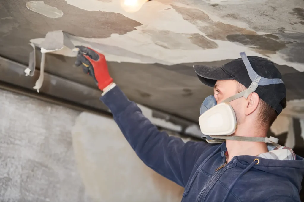 Worker in a respirator removing damaged ceiling material