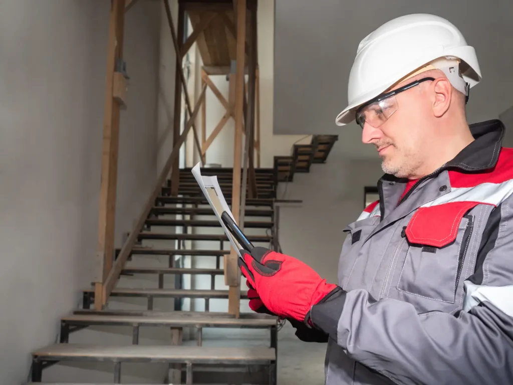 Engineer on a construction site reviewing drawings