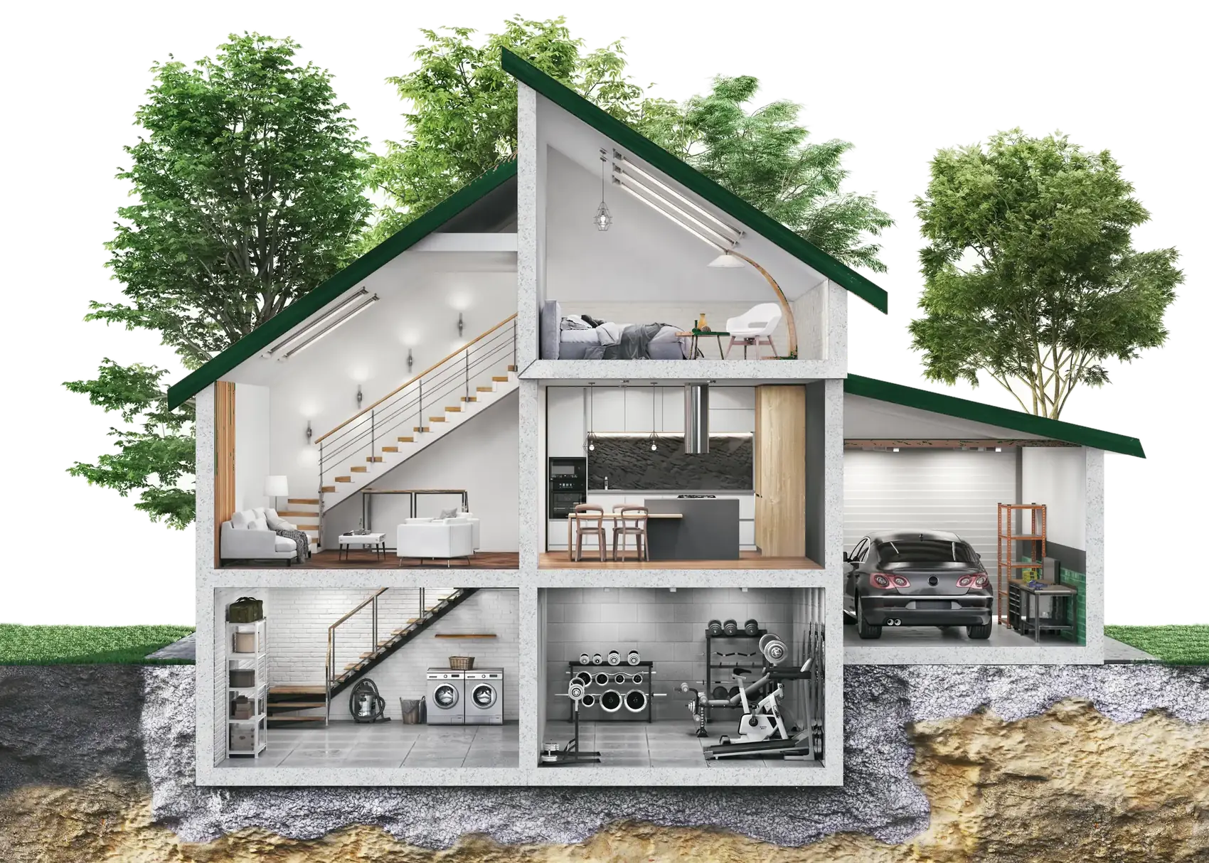 house-cutaway-attic-basement Cutaway view of a house showing the attic, living areas, kitchen, basement and garage