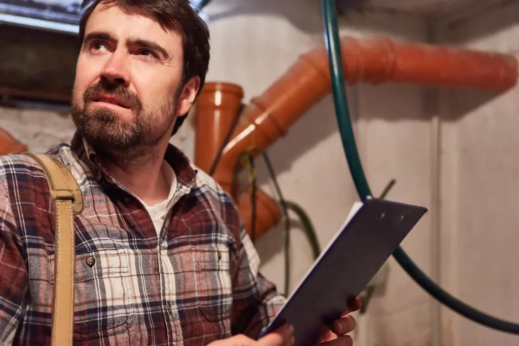 Inspector with a checklist examining pipes in a basement