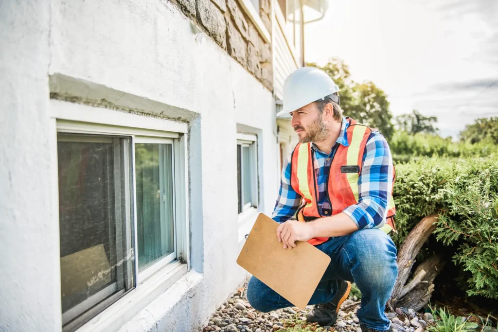 Inspector in a hard hat checking a house basement window