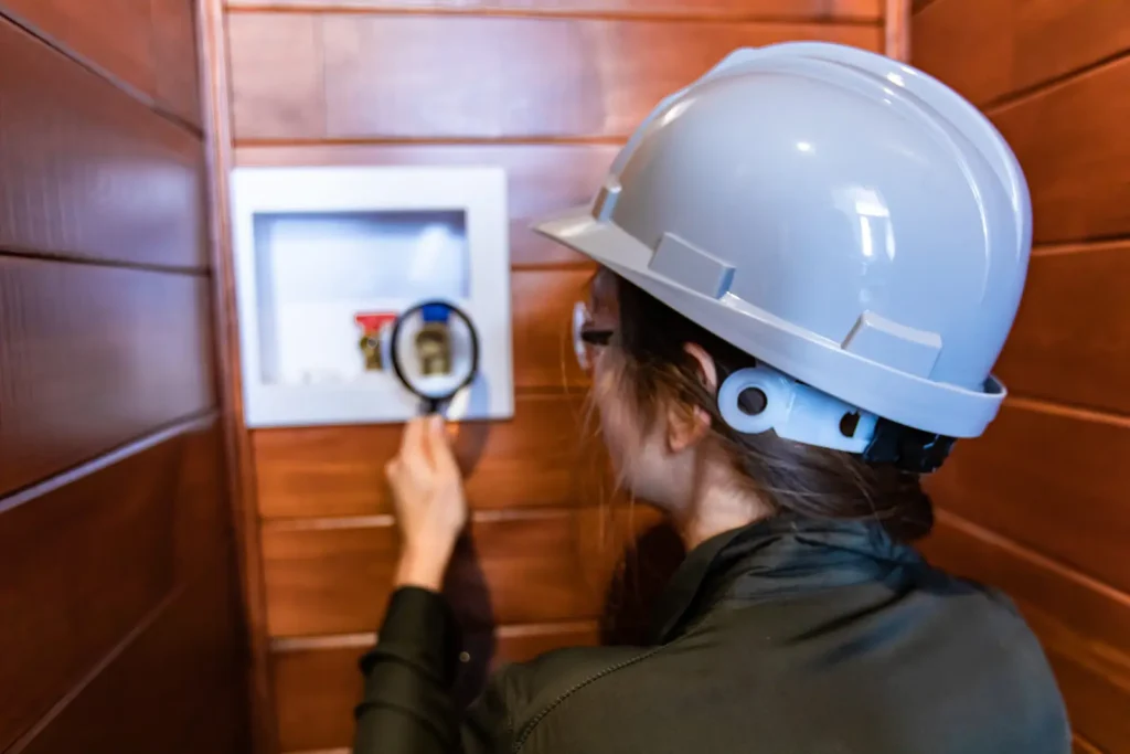 Inspector checking plumbing with a magnifying glass