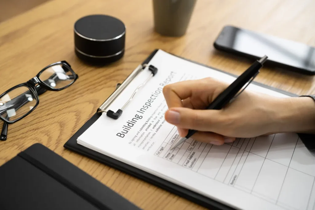 Inspector filling out a building inspection report