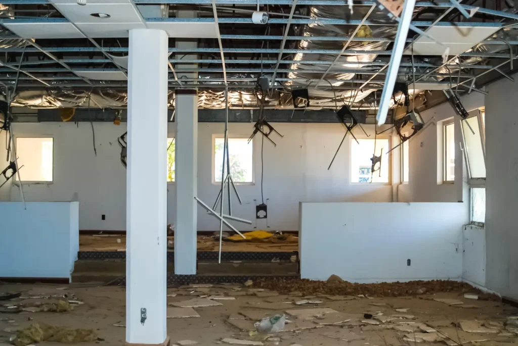 Gutted building interior during demolition