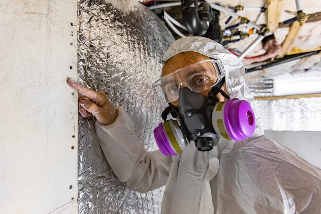 Indoor air quality inspector in a respirator pointing at mould on a wall
