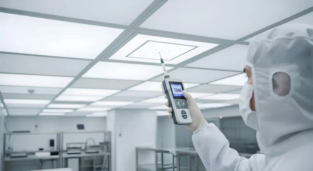 Technician in protective clothing measuring indoor air